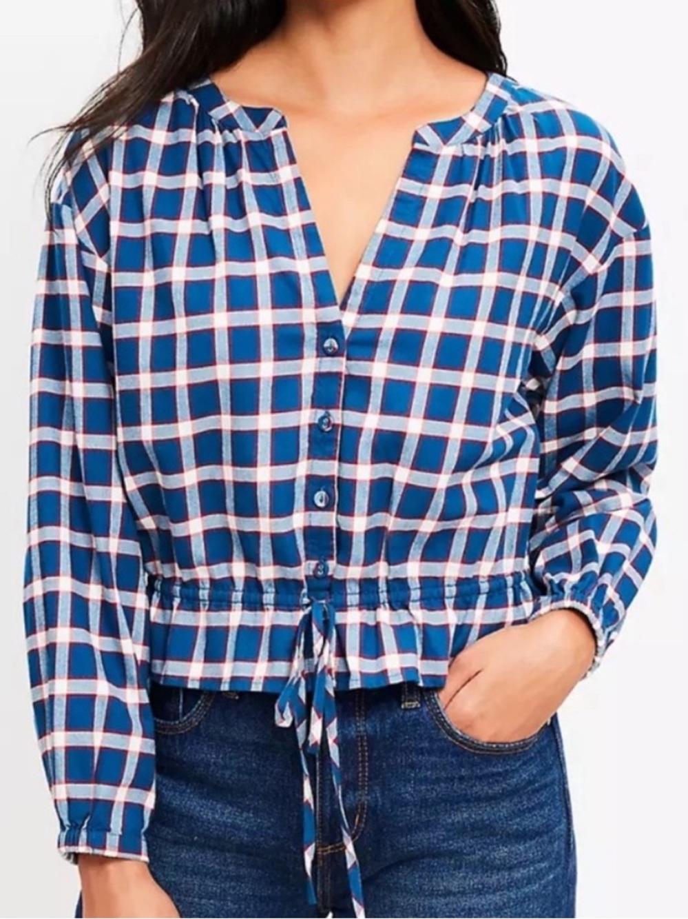 LOFT Plaid Cotton Flannel Drawstring Shirt, Size XL, NWT
